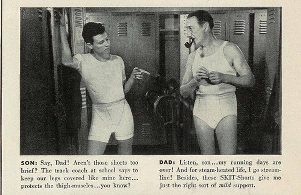 Perhaps you didn't know that Walt Disney had a side job as men's intimate wear model. With his son, Dizzy.