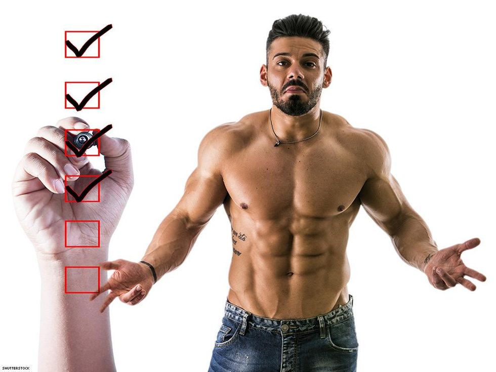 person checking boxes next to man in jeans shrugging