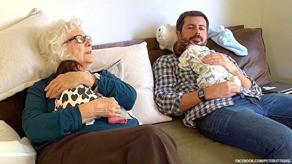 Pete Buttigieg with his mom and infant children.