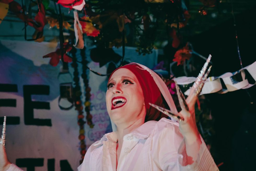 photo gallery Full Moon Drag troupe anti Zionist Jewish queer artists HOT 2 ROT Sukkot Drag Spectacular outside community garden Brooklyn NY