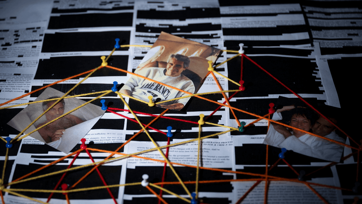 Photo illustration of redacted pages from documents in the Epstein files.