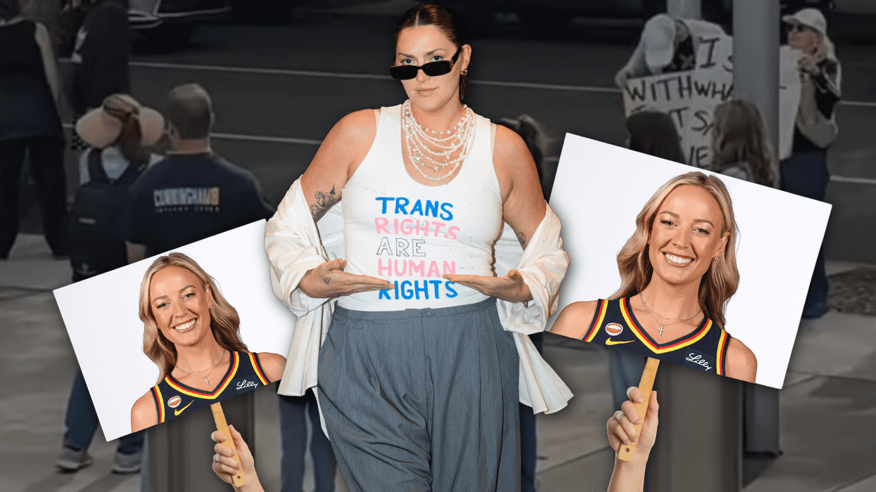 Photo illustration with Stefanie Dolson wearing trans rights shirt.