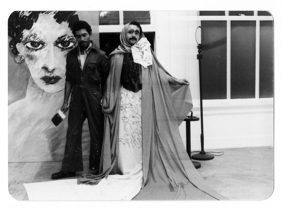 Photograph of Teddy Sandoval dressed as Frida Kahlo and fellow artist Gronk in 1978