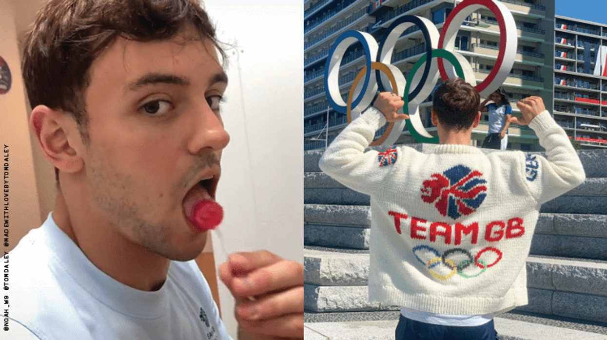 Photos of Tom Daley with a lollipop and him in a cardigan he knitted