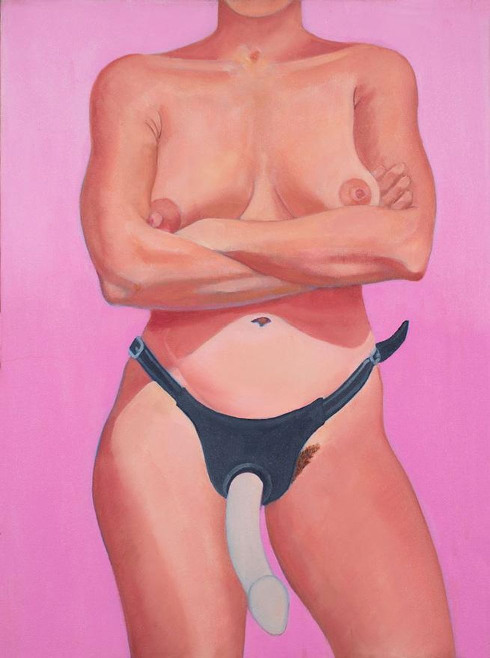 "Pink Background and Hands On Hips, Dildo"