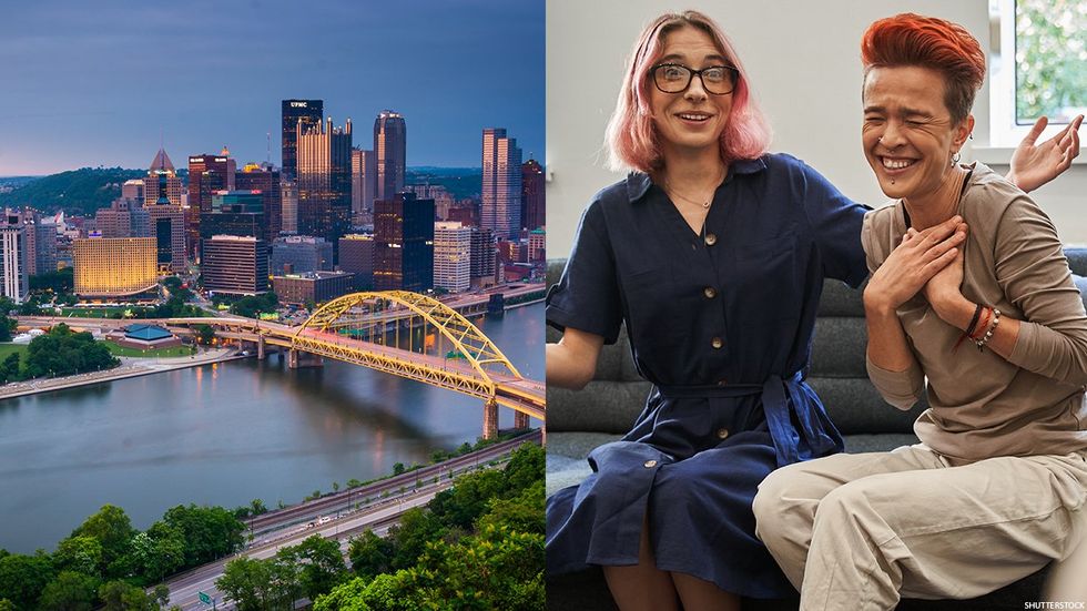 Pittsburgh skyline and queer couple