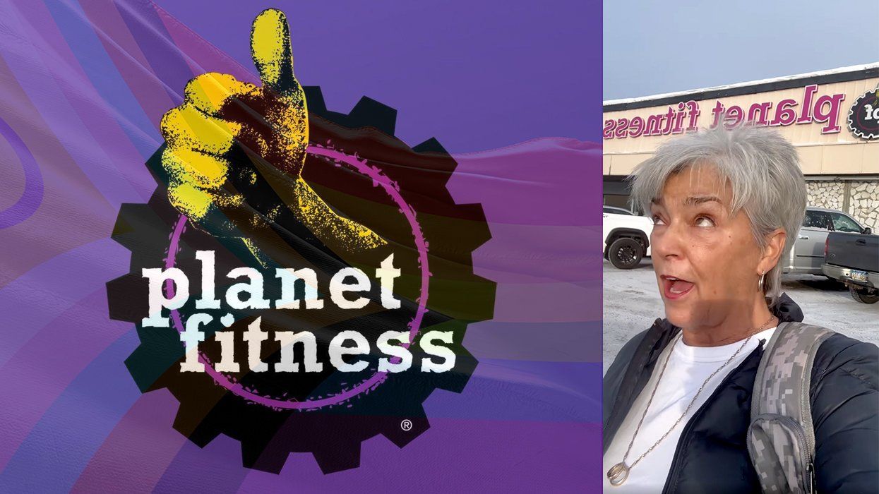 Planet Fitness Logo Progress Pride Flag Background Transphobe Patricia Silva member banned photographing transgender woman locker room