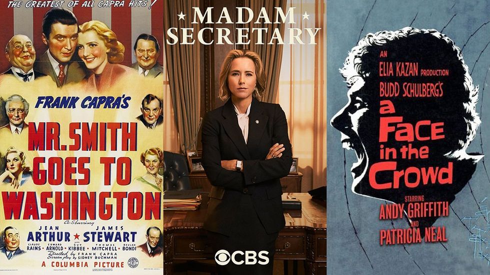 political movies and TV shows including Mr Smith Goes to Washington, Madam Secretary, and A Face in the Crowd