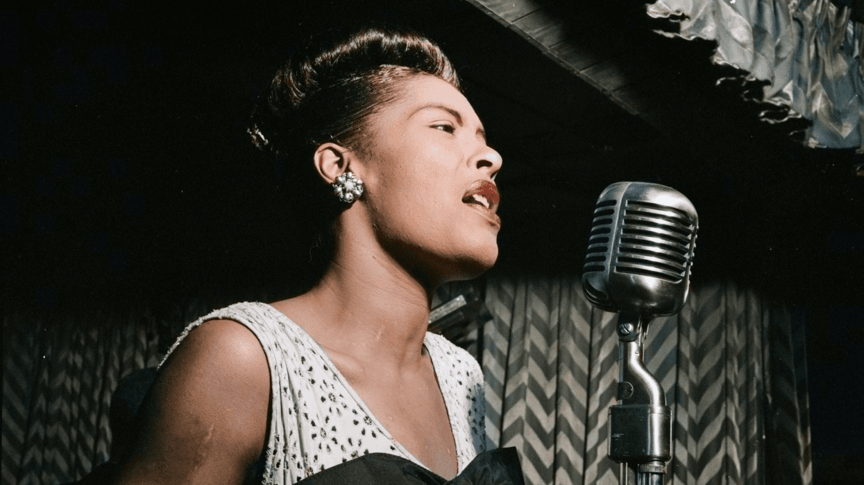 Portrait of Billie Holiday, Downbeat, New York, N.Y., ca. Feb. 1947. (Colorised black and white print).
