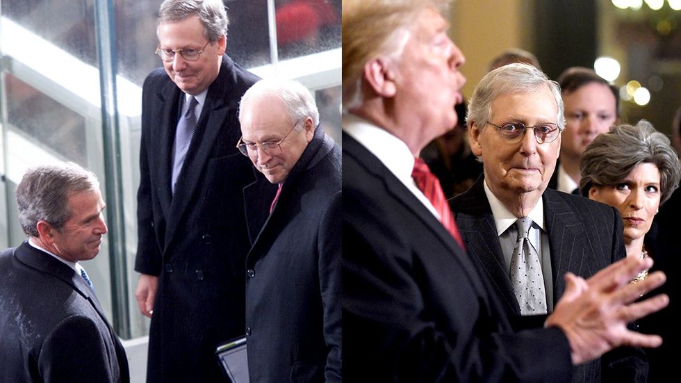 President George W Bush Senate leader Mitch McConnell Vice President Dick Cheney three henchmen next to Mitch McConnell smirk during former president donald trump speech