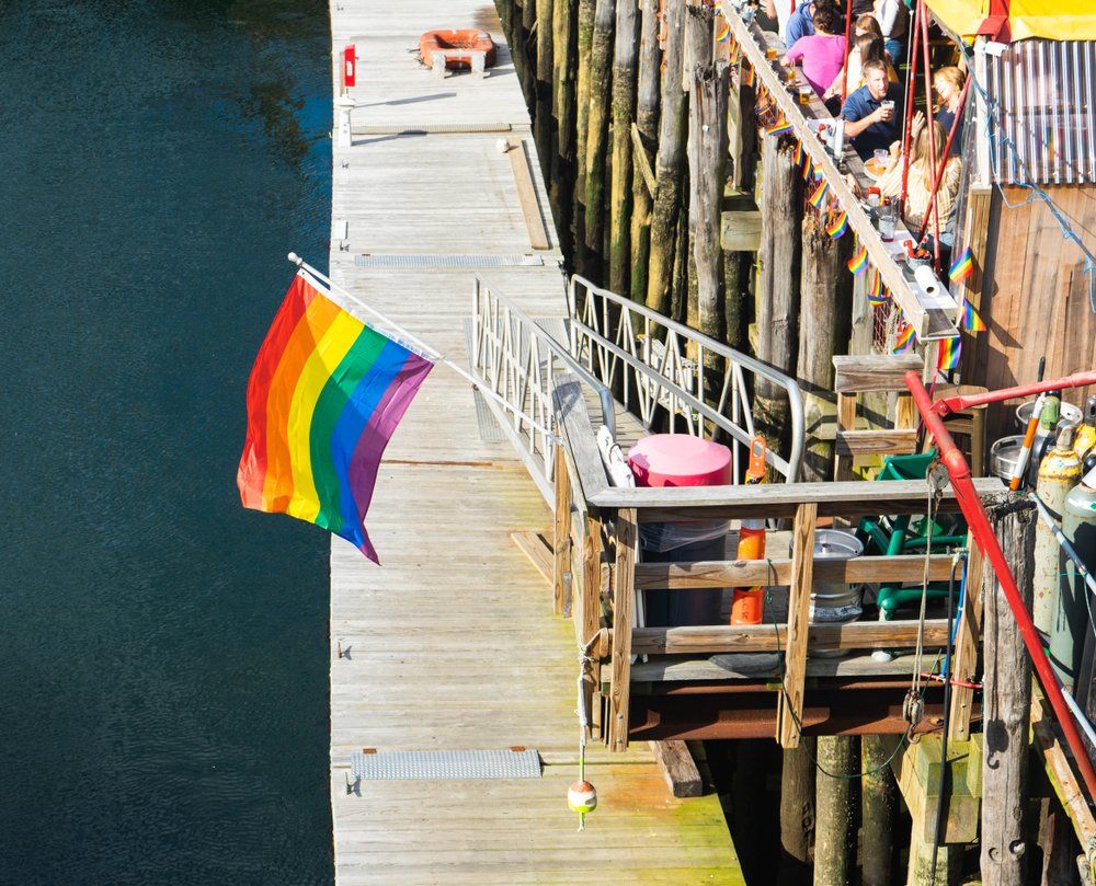 Pride flag over Boston Seaport