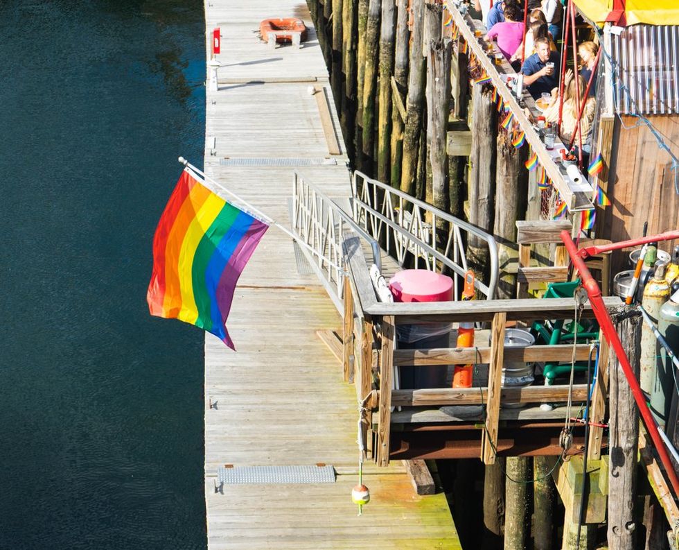 Pride flag over Boston Seaport