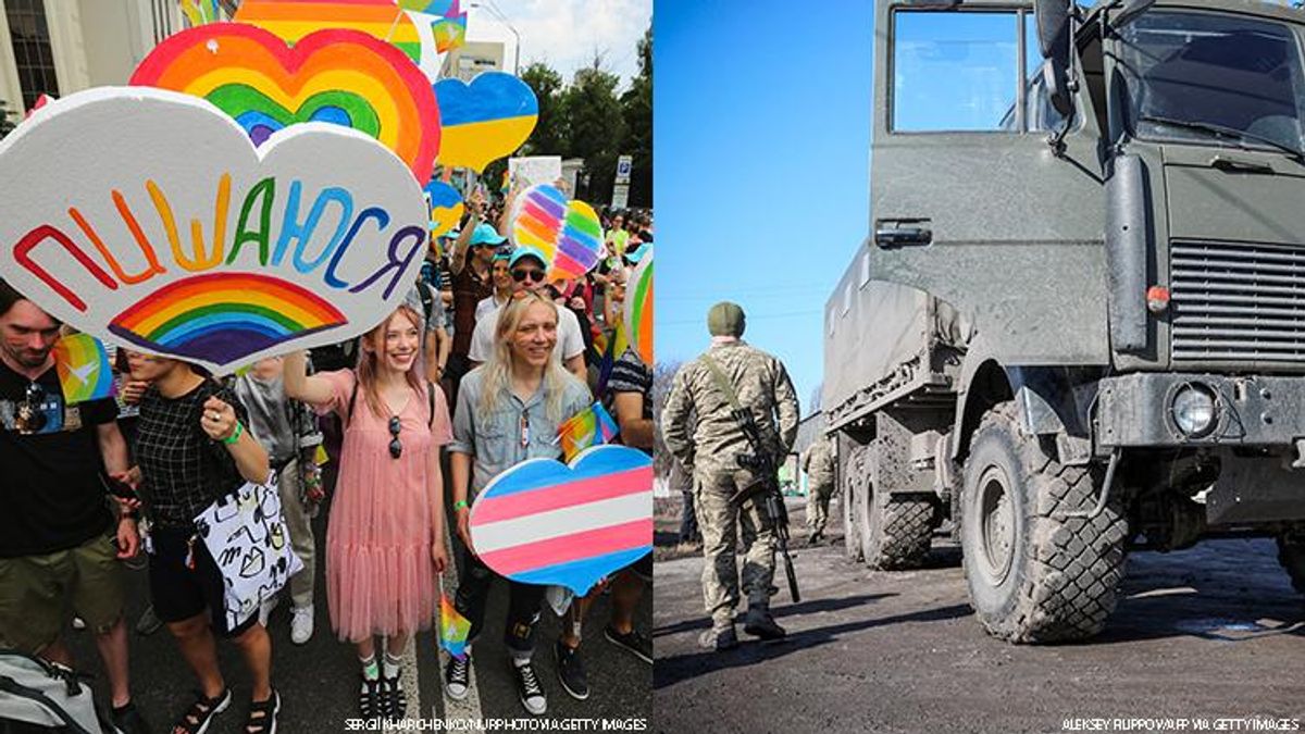 Pride march and military vehicles