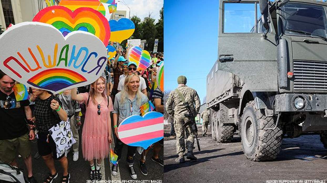 Pride march and military vehicles