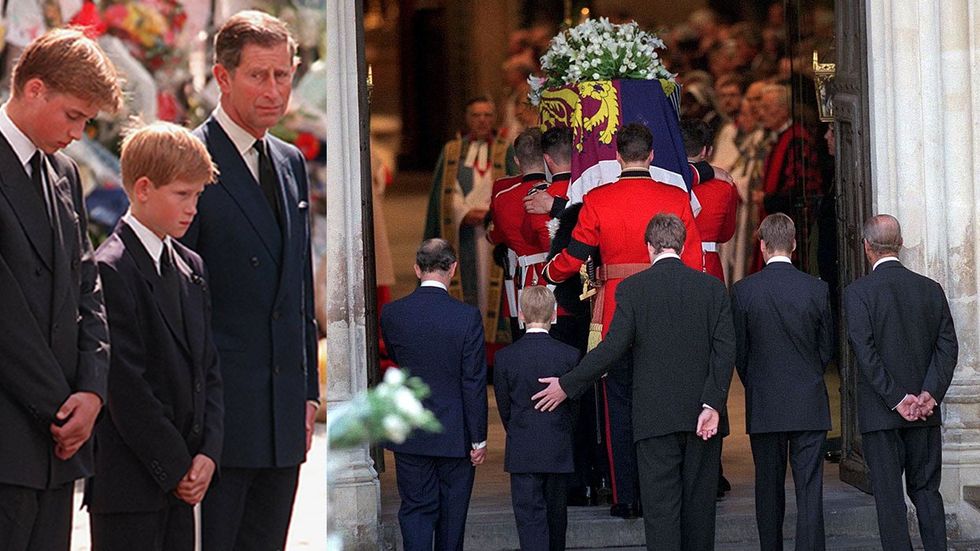 Princes William Harry Charles Prince of Wales follow coffin funeral Princess Diana