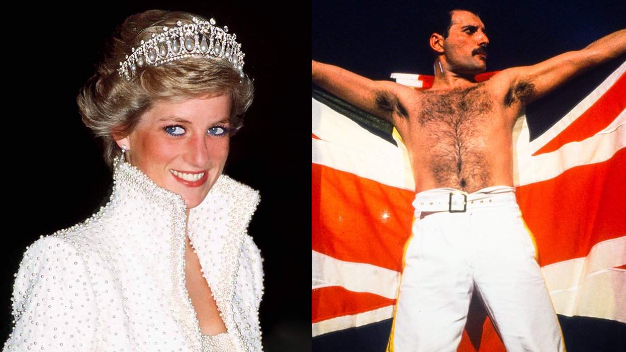 Princess Diana of Wales in Hong Kong with white beaded jacket and jeweled crown circa 1989 alongside shirtless Freddie Mercury Queen plays Knebworth concert in white pants holding Union Jack flag 1986