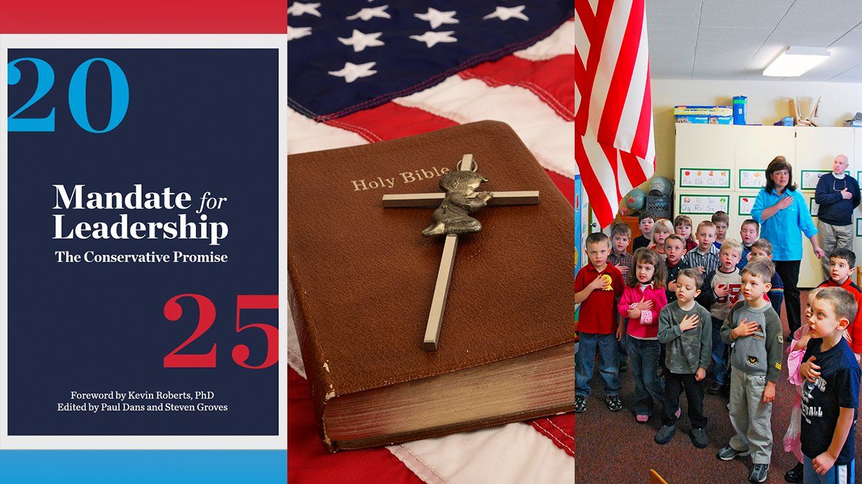 Project 2025 report cover american flag holy bible cross child praying school classroom pledge of allegiance