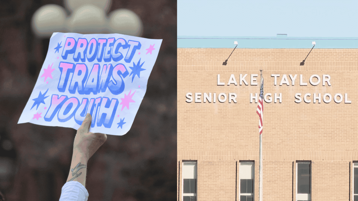 protect trans youth sign and lake taylor senior high school exterior
