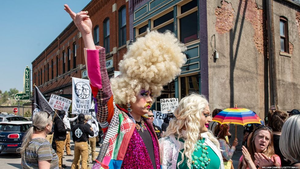 Protesters and counterprotesters on drag in Montana