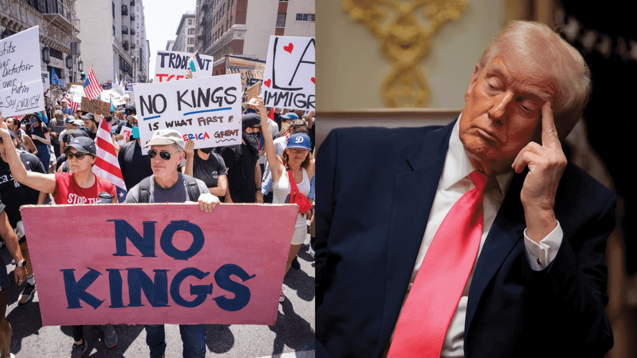 protesters at a no kings rally alongside a photo of donald trump