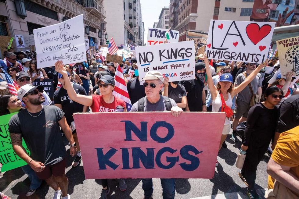 protesters at a no kings rally in los angeles