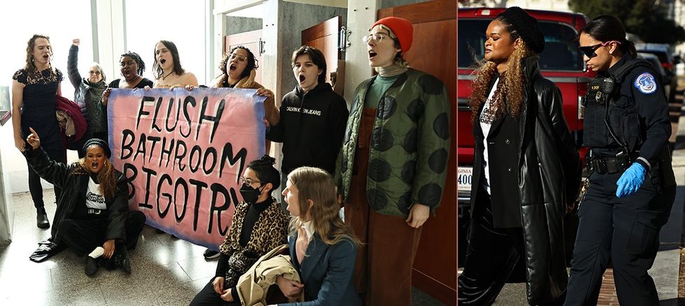 Protesters during Gender Liberation Movement Capitol Bathroom action where Raquel Willis was arrested