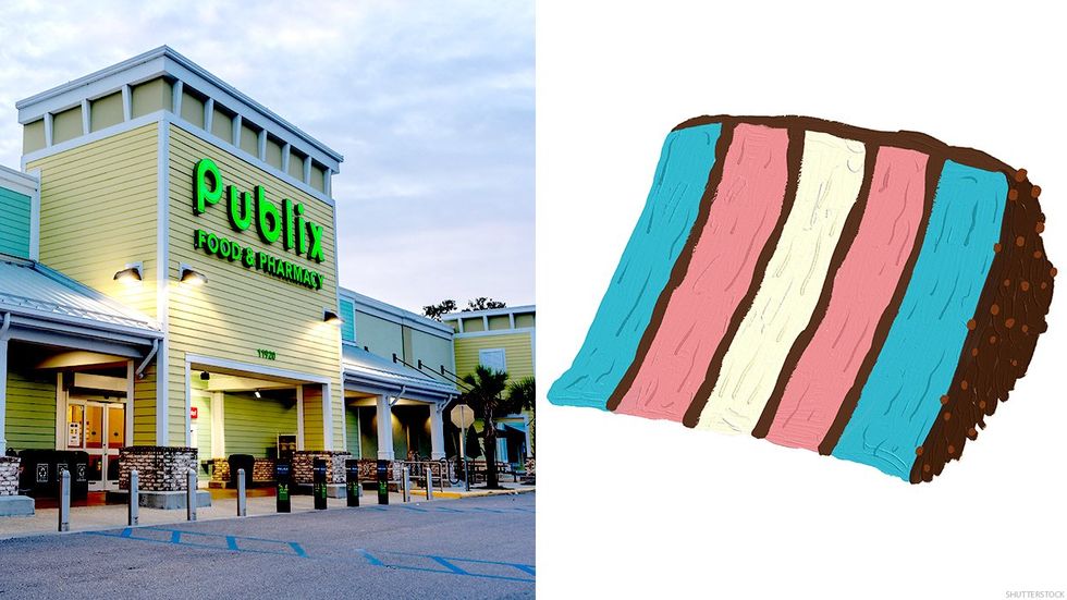 Publix and a slice of cake with the trans pride colors.