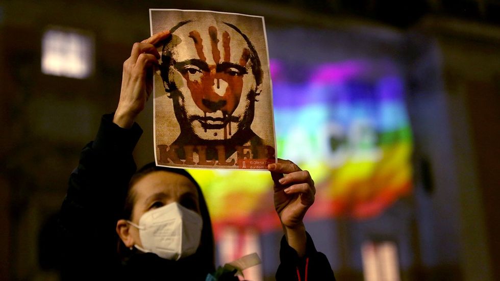 Putin Russia LGBTQ Protest Sign Rainbow Flag