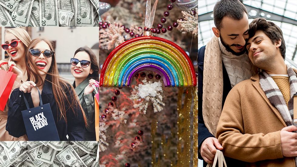 Queer Women Black Friday Shopping, LGBTQ rainbow ornament, Gay Men Embrace