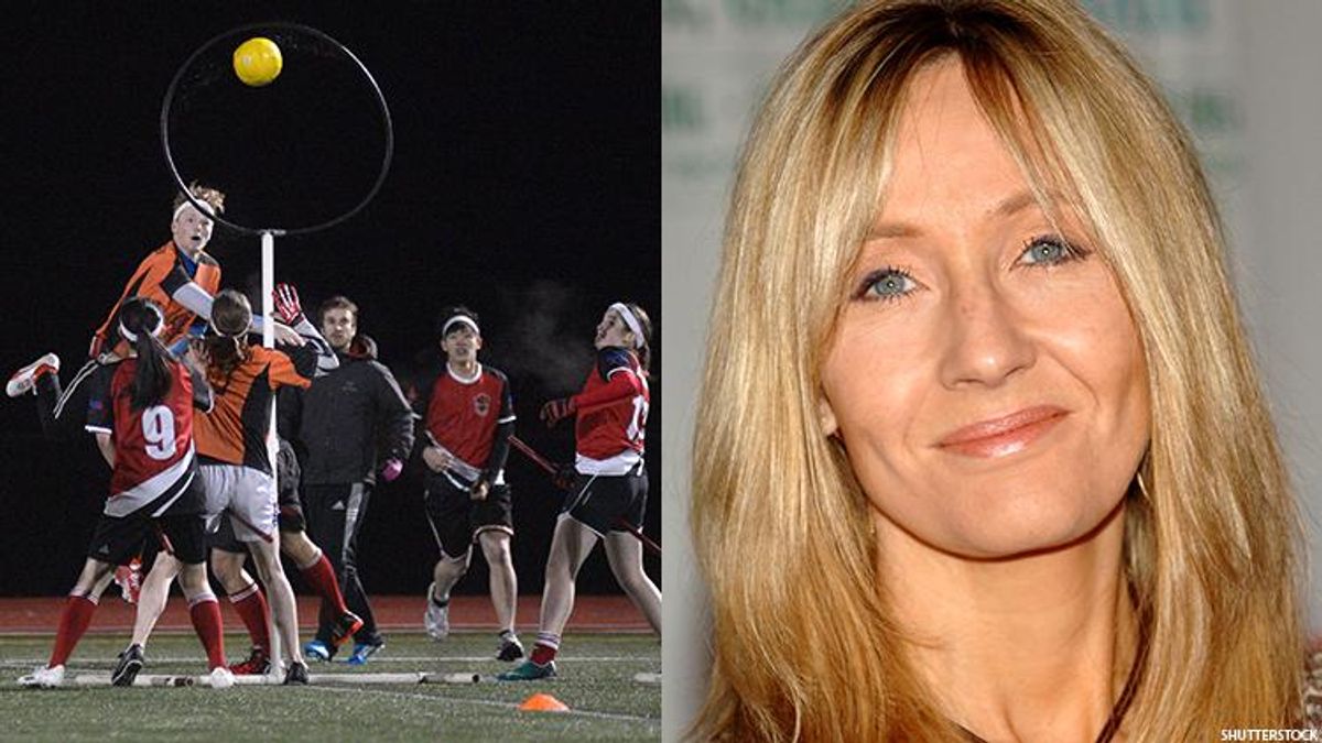 Quidditch game with a photo of J.K. Rowling