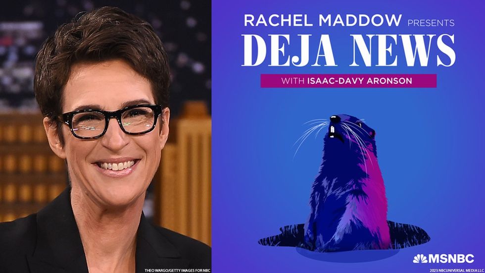 Rachel Maddow next to cover art for her new podcast Deja News