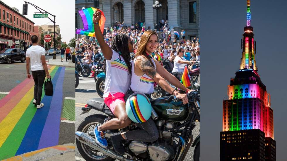 ​Rainbow crosswalk in Hoboken (L); Women on motorcycles at Denver Pride (M); Empire State Building in rainbow colors (R)