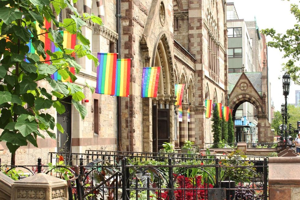 Rainbow flags on church