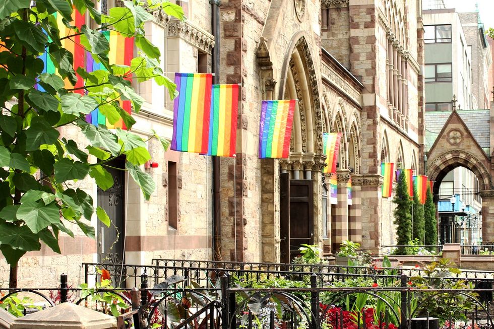 Rainbow flags outside a church in Massachusetts