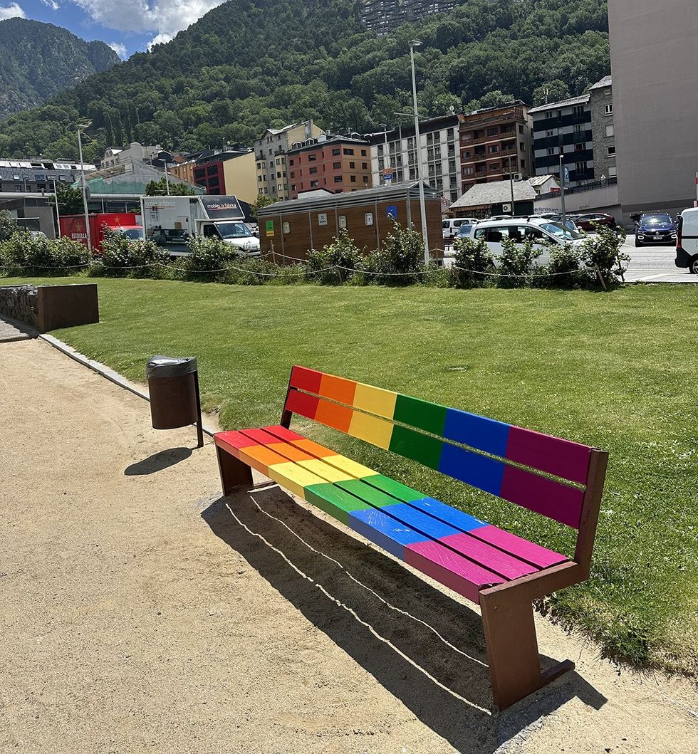 rainbow painted bench for LGBTQ pride in City center Andorra la Vella