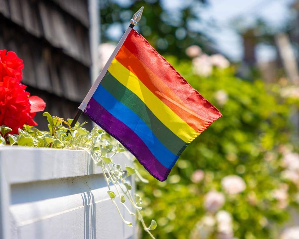 rainbow pride flag in a planter in front of a home