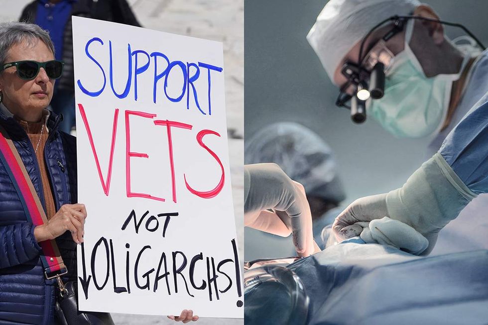 rally for veterans rights and surgeons performing surgery
