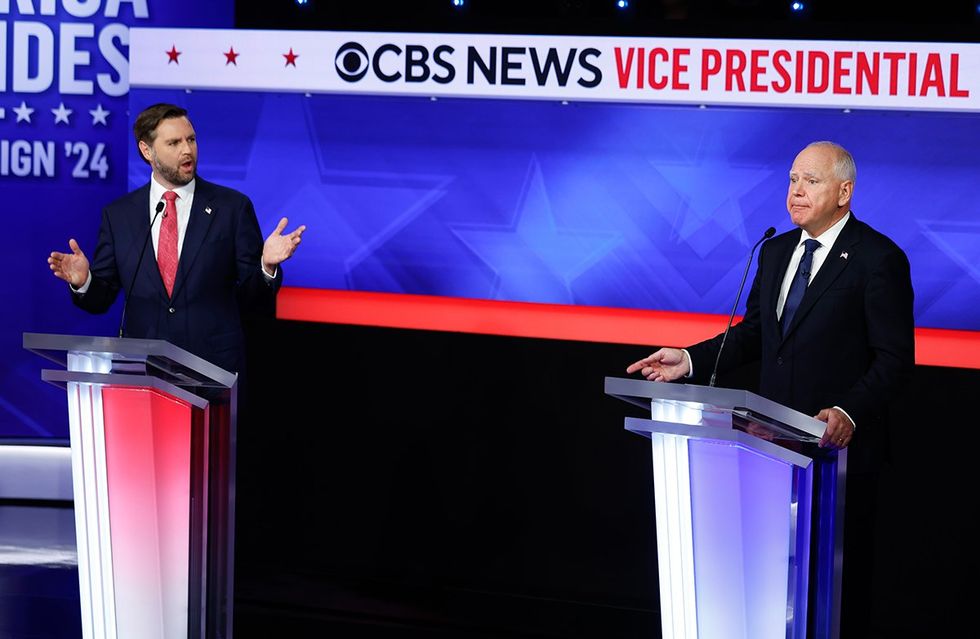 Republican vice presidential candidate Senator JD Vance and Democratic vice presidential candidate Minnesota Governor Tim Walz participate in a debate at the CBS Broadcast Center October 2024 in New York City