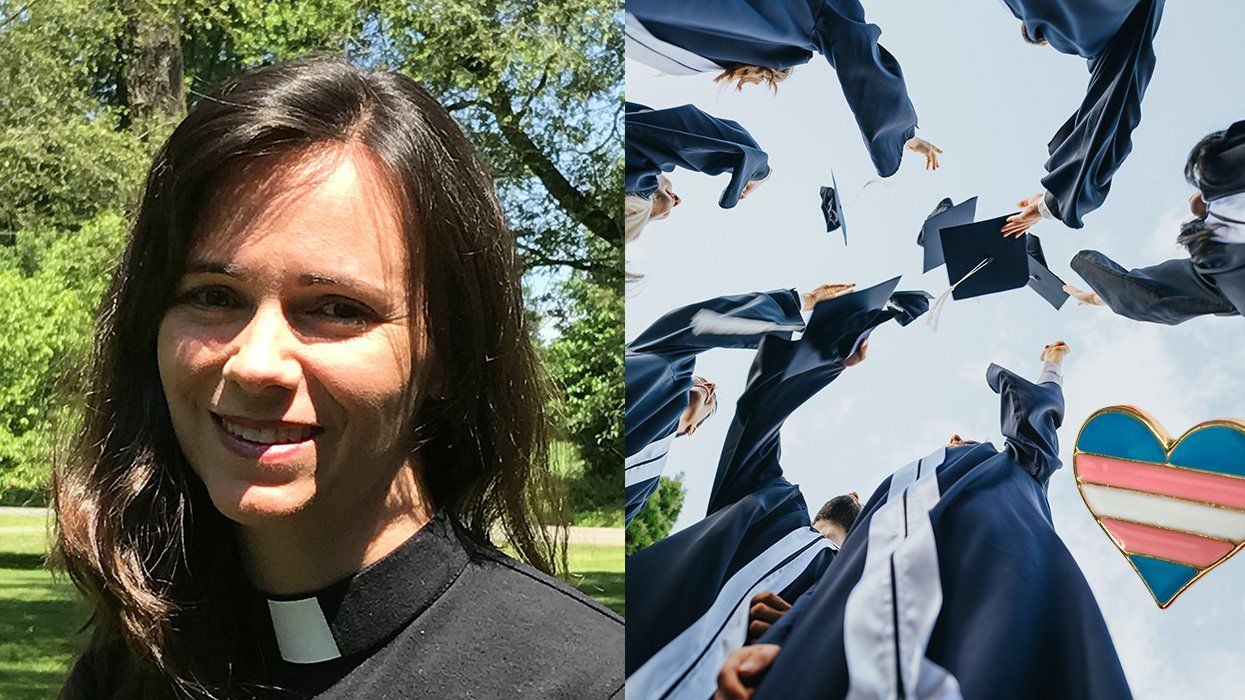 Reverend Serena Rice ordained pastor Evangelical Lutheran Church America New Jersey Synod alongside graduates in gowns throwing their caps in the air with overly enamel pin transgender flag in heart shape