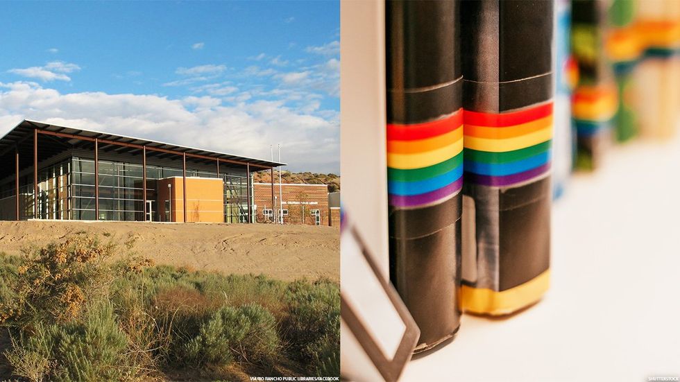 Rio Rancho Public Library and books with the LGBTQ+ Pride flag on the spine