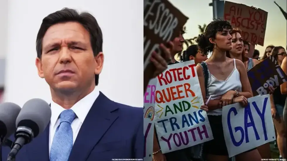 Ron DeSantis (L) and protesters