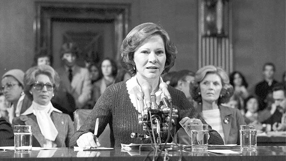 Rosalynn Carter testifying in front of Congress for mental health in 1979