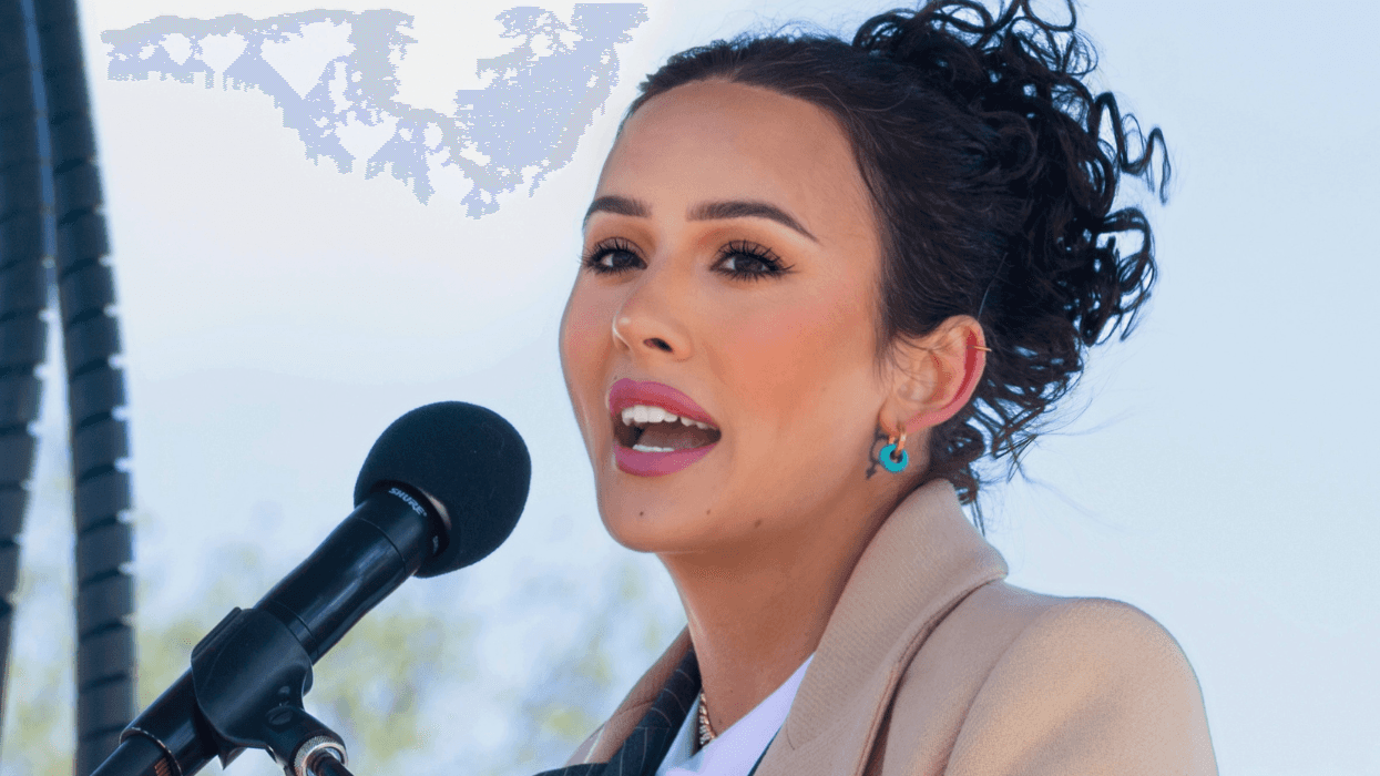 Rose Montoya speaks at a podium during Christopher Street Project's Trans Day of Visibility rally on the National Mall in Washington, D.C.