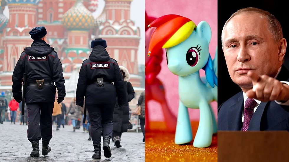 Russian police moscow Red square St Basils Cathedral my little pony dolls President Vladimir Putin pointing