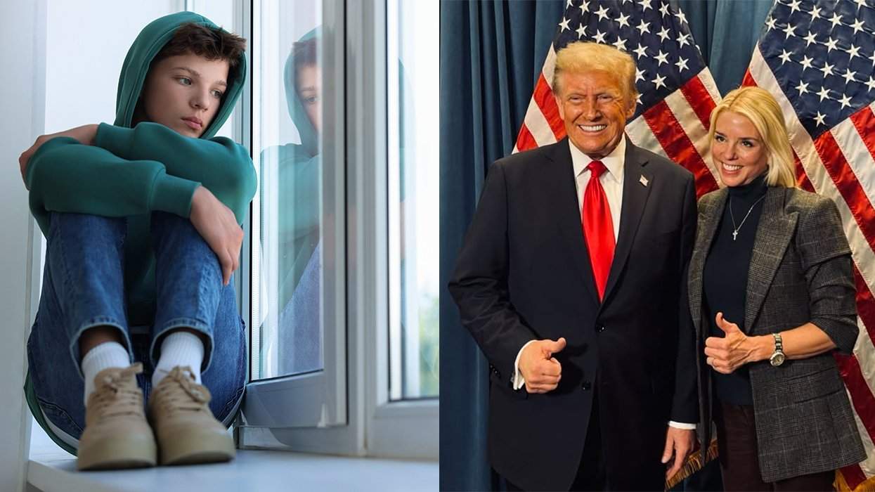 sad transgender teen alongside donald trump and pam bondi giving thumbs up in front of american flags