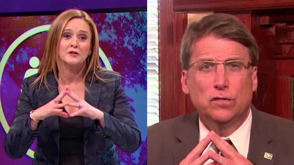 Samantha Bee at left; North Carolina Governor Pat McCrory