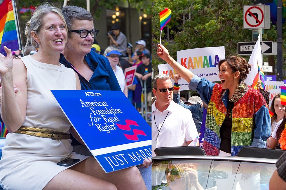 samesex lesbian couple Sandy Stier Kris Perry San Francisco 2019 lgbtq pride parade riding car Kamala Harris rainbow sequin denium jacket