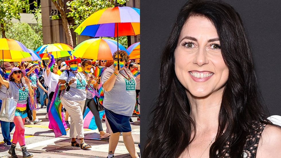 San Francisco LGBTQ pride parade celebration rainbow umbrellas MacKenzie Scott American novelist philanthropist