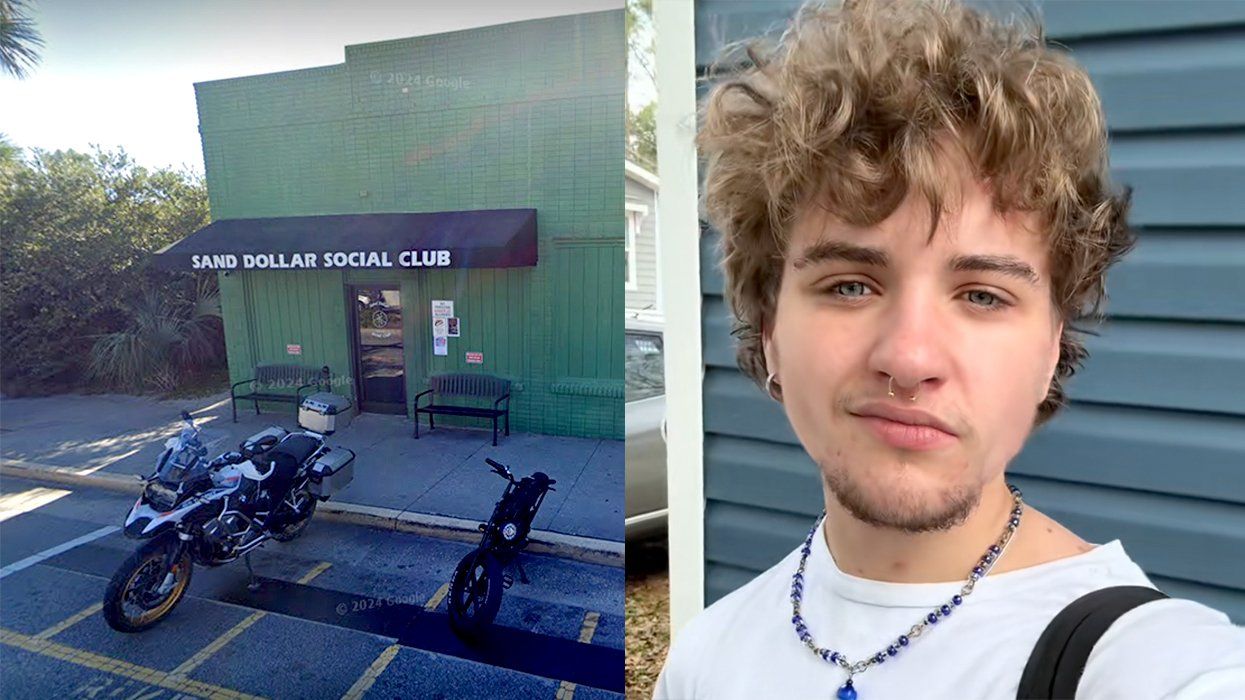 Sand Dollar Social Club Folly Beach South Carolina alongside footage still of trans man Luca Strobel