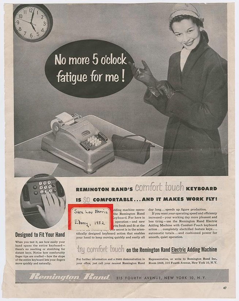 Sarah Lou Harris, model for Remington Rand, Ebony Magazine 1952